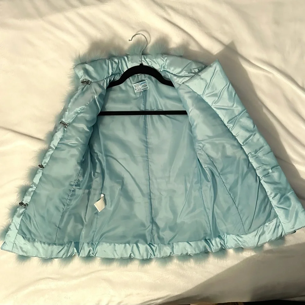 MISS BLUMARINE Real Hair/Fur Trim Puffer Jacket Coat Girls 8 Blue Aqua Y2K